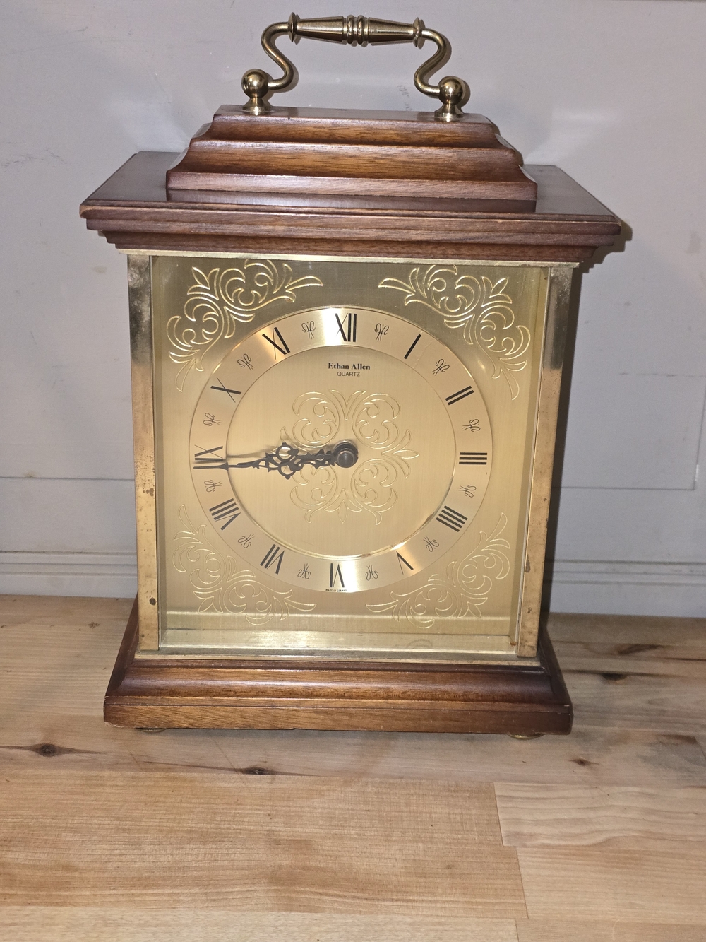 Ethan Allen Gold & Wood Mantel Clock - Brass Finish